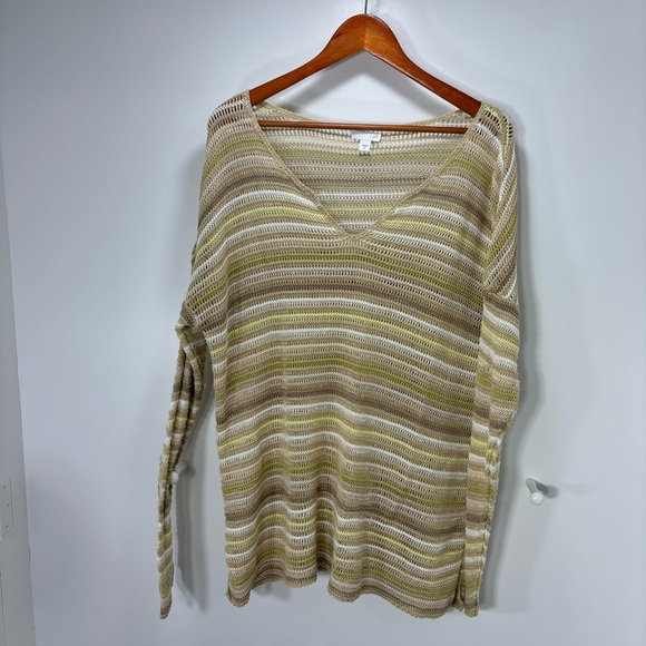 J Jill Sweater Womens Size XL Green Striped Open Knit Long Sleeve Pullover - Picture 1 of 6